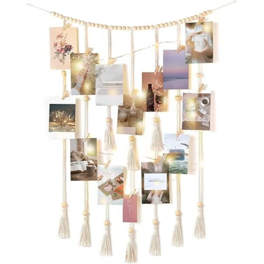Macrame Hanging Photo Display Wall Decor with String Lights Boho Room